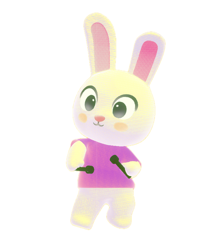 White rabbit wearing a purple shirt and holding two steelpan mallets
