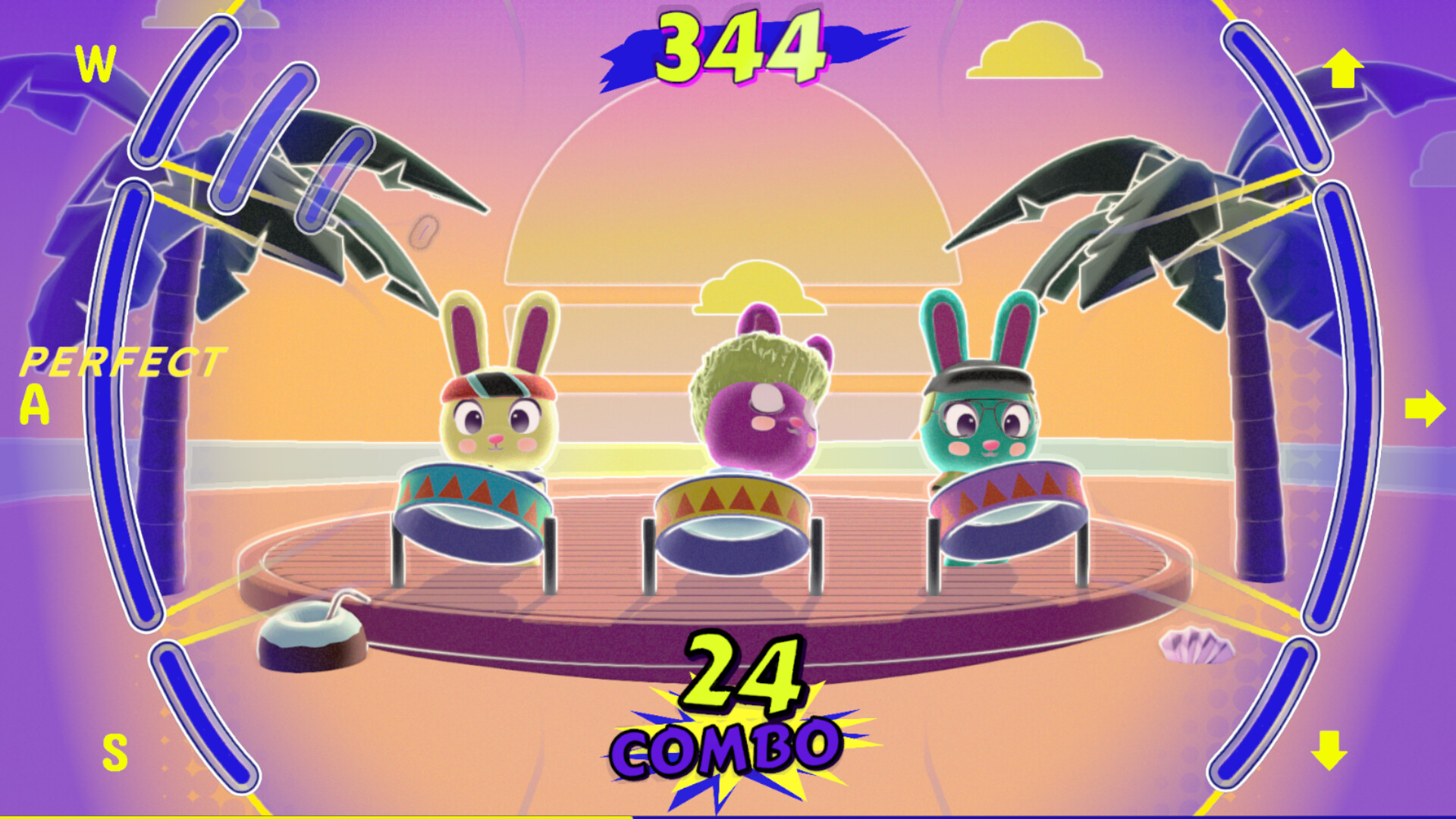 Riddim Rabbit gameplay showing a customised rabbit band performing on steelpans at a Caribbean beach